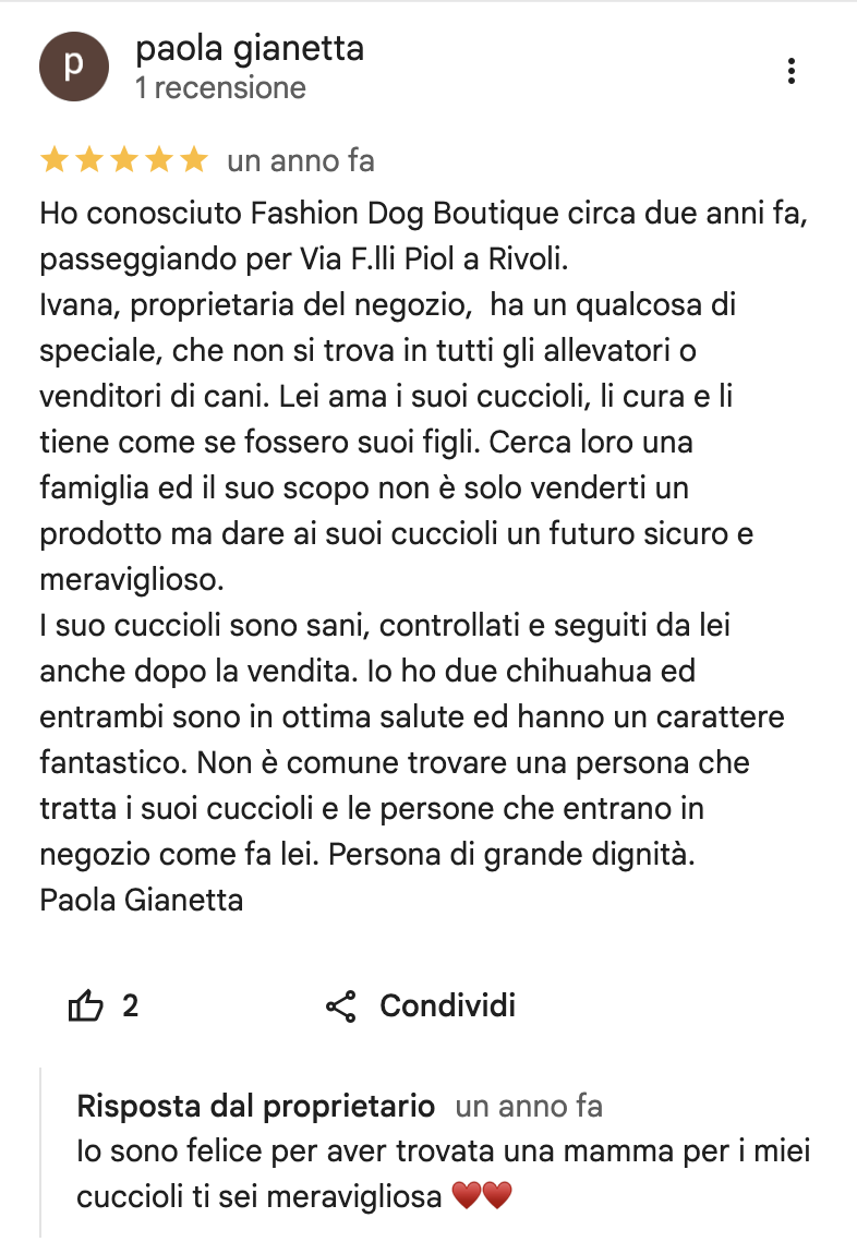 Recensione cliente Fashion Dog Boutique • Rivoli
